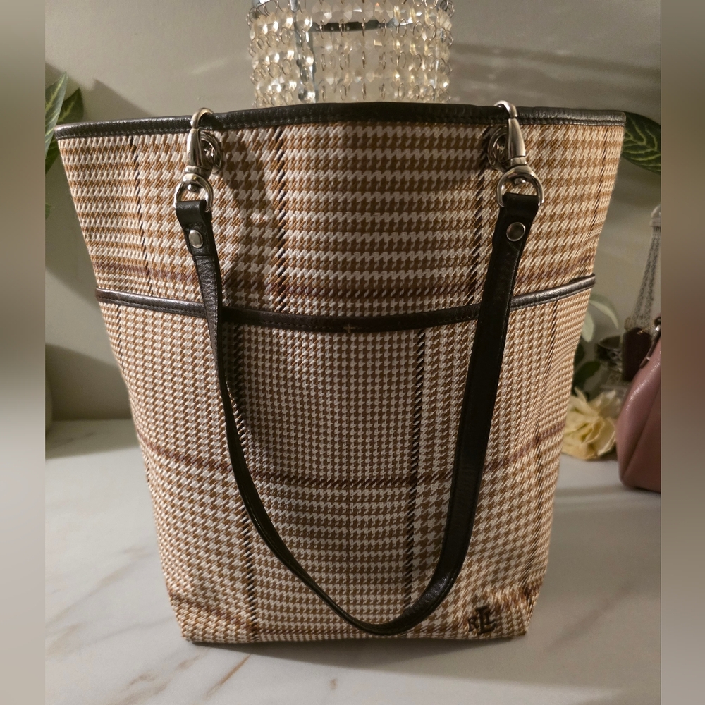 Ralph Lauren Houndstooth Tote with Brown Straps